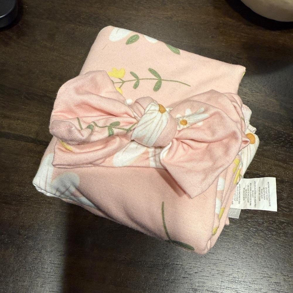 Pink Floral Baby Swaddle and Headband Set